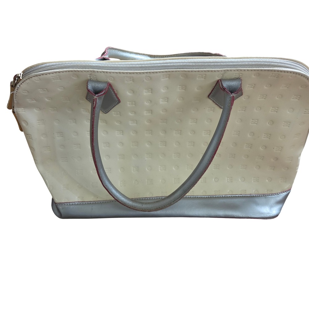 Arcadia Patent Leather Monogram All Over Embossed Satchel Handbag Cream Retro
